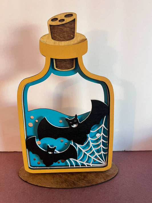 Hand-Painted Halloween Potion Bottles – Layered Wood Decor