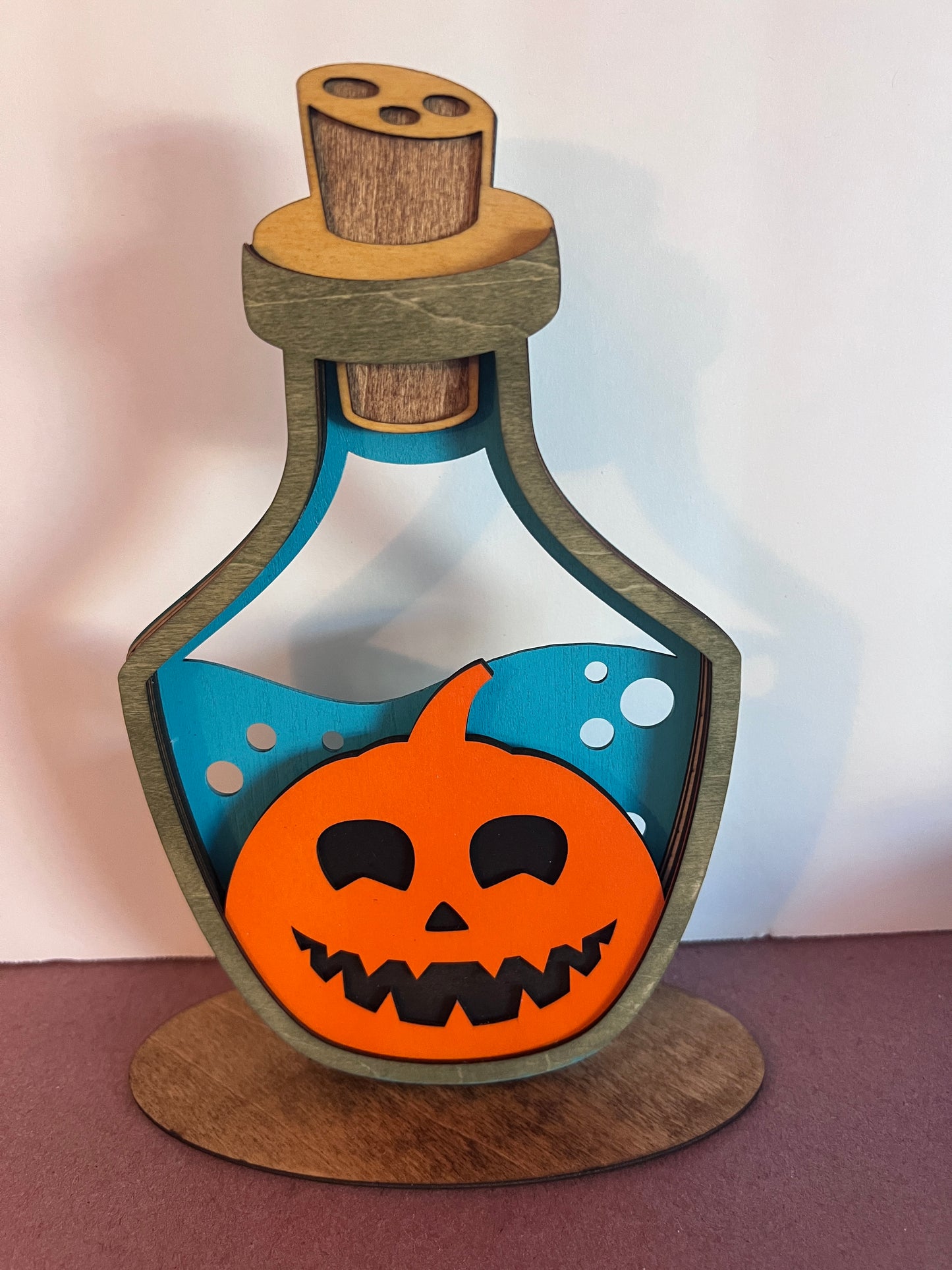 Hand-Painted Halloween Potion Bottles – Layered Wood Decor